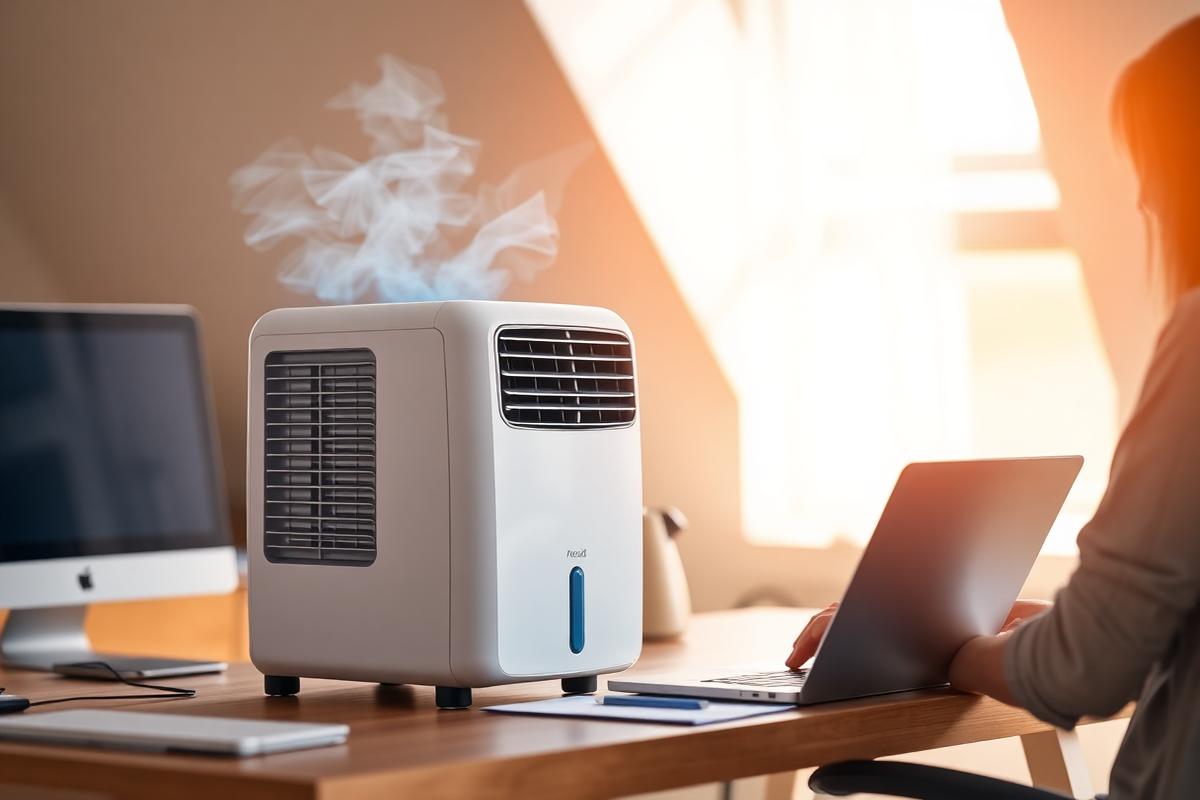 BlizzAir cooling a home office desk in a sunlit loft